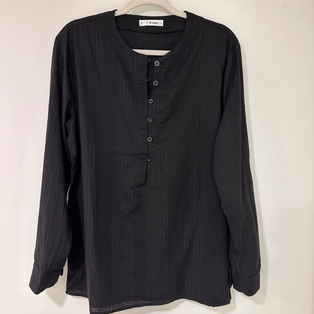 Boohoo MAN Dobby Stripe Henley Shirt Mens US 34 S Black Textured Cotton | Boho